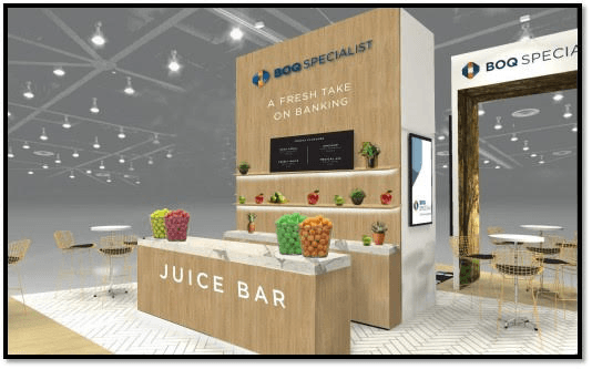 BOQ Specialist exhibition juice bar with fresh fruit display and premium presentation
